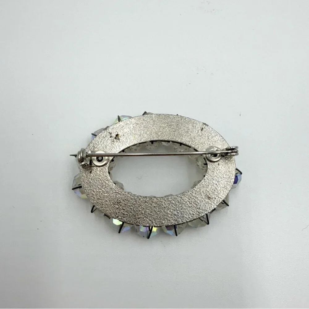 Vintage AURORA BOREALIS Crystal Beaded Cluster Oval Silver Tone Brooch Pin